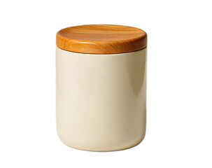 A cream colored ceramic jar with a smooth wooden lid designed for storing and organizing items in the kitchen or pantry