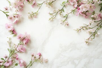 Delicate pink flowers arranged on a marble surface creating an elegant