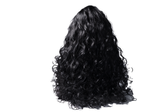 Wig featuring long curly black hair, isolated on transparent background for design use.