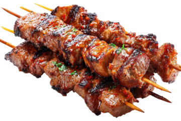 Delicious grilled meat skewers recipe perfect for summer barbecue and grilling on transparent background