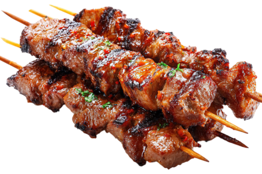 Delicious grilled meat skewers recipe perfect for summer barbecue and grilling on transparent background