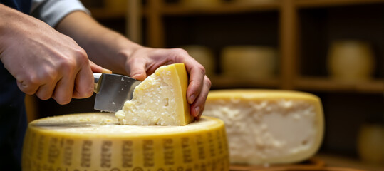 Close up of hands cutting Parmigiano Reggiano cheese from large wheel. Italian Parmesan cheese preparation. Gourmet food and culinary tradition. Copy space for text.