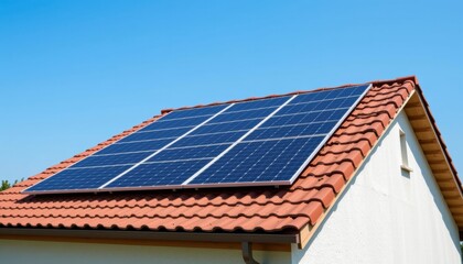 Fototapeta premium Solar panels installed on a rooftop under a clear sky.