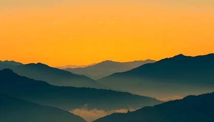 Simplified layered mountains in gradient blue tones, a flat orange sky, and a peaceful mist create a tranquil modern landscape