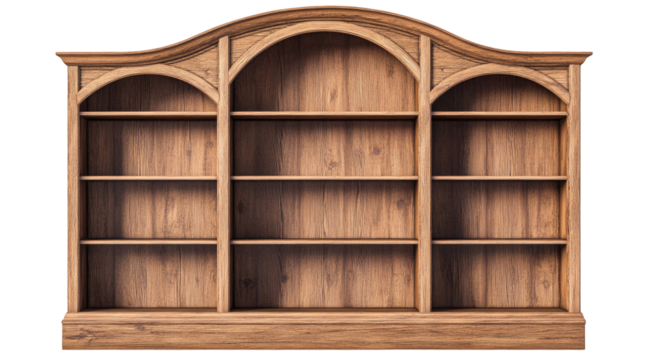A rich, brown wooden bookcase with an arched top and three sections, each containing multiple shelves, sits against a black background.  The piece is detailed with molding and a slightly curved base