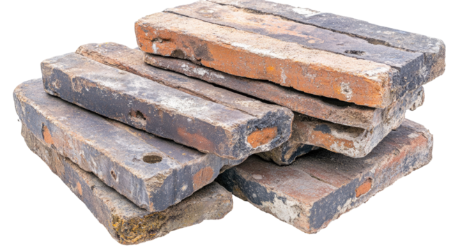 Stack of weathered, rectangular, reddish-brown bricks showing age and wear, possibly reclaimed
