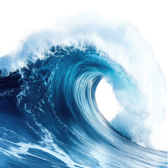 A majestic, curling ocean wave, its crest a frothy white against a deep blue body, displays power and beauty.  The wave's hollow interior is partially visible, suggesting immense scale