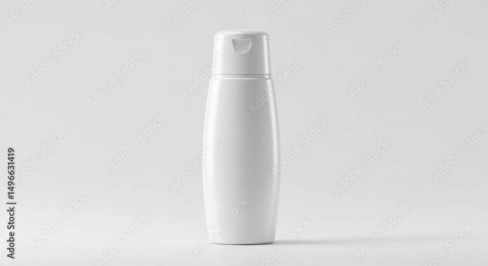 Poster empty white plastic bottle with a flip-top cap in a studio setting. product display on a plain backg