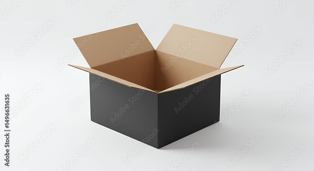 Aufkleber empty open black cardboard box on white background. empty box with open flaps for mockup or display 