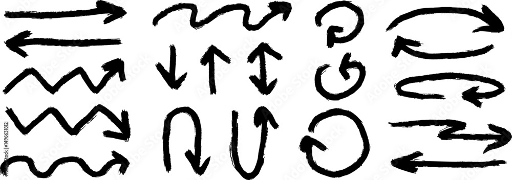 Poster hand drawn crayon arrow collection. black thick curve and straight doodle arrows set. grunge charcoa