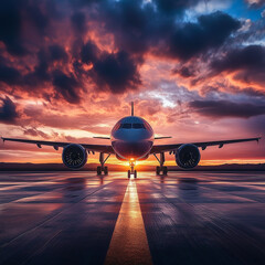 Dramatic scene of an airplane landing at sunset with glowing sky and silhouette effect. Perfect for travel themes, aviation, adventure, transportation, and golden hour photography concepts.

