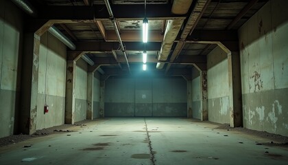 Derelict Warehouse Interior Vast Empty Space with Concrete Floors and Structural Elements Under Skylights