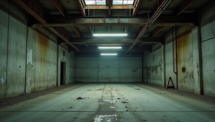 Derelict Warehouse Interior Vast Empty Space with Concrete Floors and Structural Elements Under Skylights