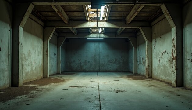 Derelict Warehouse Interior Vast Empty Space with Concrete Floors and Structural Elements Under Skylights