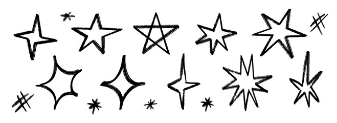 Black crayon hand drawn star set. Childish doodled sparks and sparkles collection. Grunge rough brush stroke shine elements pack for collage, poster, sticker. Kid sketched wax pencil symbols. Vector