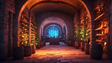 Fototapeta premium A radiant wine cellar glowing with vibrant, AI-preserved ancient bottles, Cinematic theme, HDR, Vibrant
