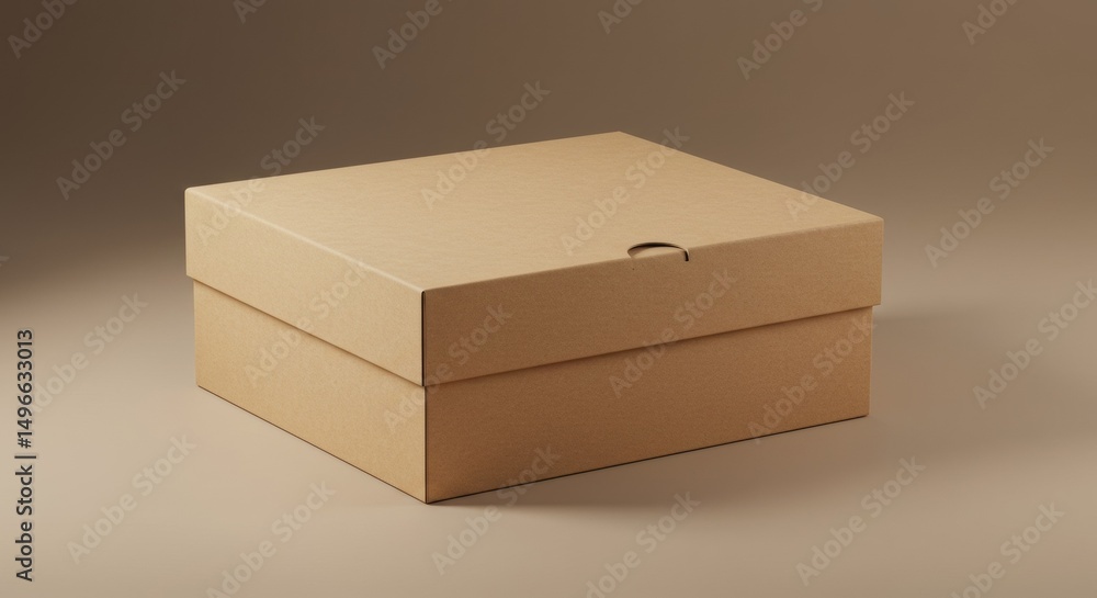 Poster a neutral brown cardboard box with a simple design, positioned on a muted taupe background. empty bo