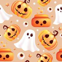 Happy Halloween seamless pattern. Pumpkin with potion and ghost. Holiday vector illustration