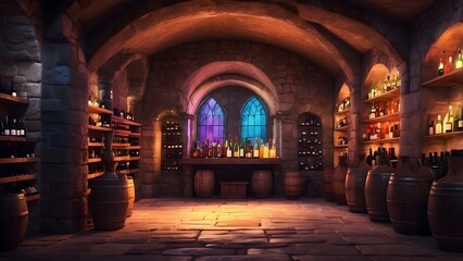 A radiant wine cellar glowing with vibrant, AI-preserved ancient bottles, Cinematic theme, HDR, Vibrant
