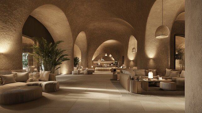 A spacious, minimalist lobby with arches, warm lighting, and comfortable seating - Powered by Adobe