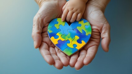 Grandparent and baby hands holding a heart puzzle