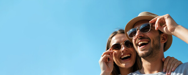 Joyful couple laughing under blue sky wearing sunglasses and hat. Happy man and woman enjoying summer vacation fun. Carefree youth and happiness. Summer vacation horizontal banner with copy space.