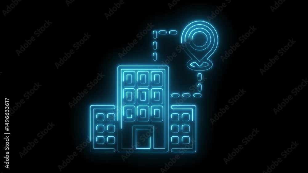 Poster neon building icon with location pin connected on black background animated stock video