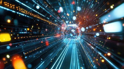 Obraz premium Abstract digital tunnel with vibrant light streaks and data particles