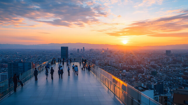 Stunning panoramic sunset view over a sprawling city from a rooftop observation deck, with silhouetted figures enjoying the vibrant cityscape and golden hour sky.
