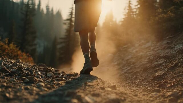 Trail runner along a dusty forest trail during golden hour with sunbeams piercing through the trees