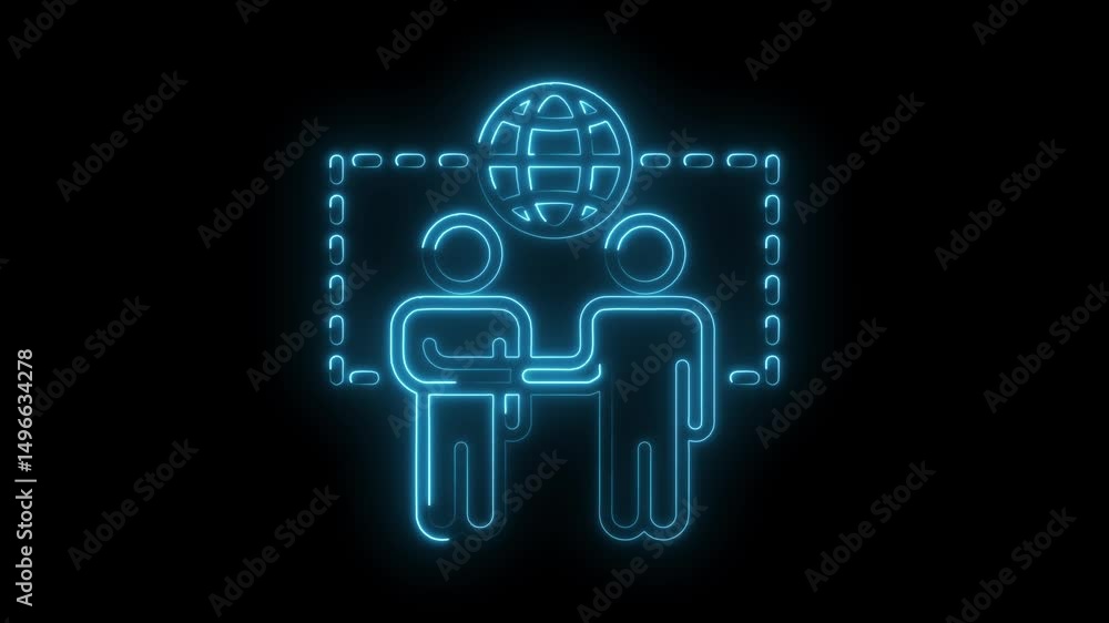 Poster global partnership forming with neon style effect animation on isolated dark background