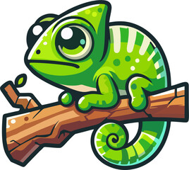 Cute Vector Chameleon Mascot on Tree Branch – Colorful Cartoon Reptile with Big Eyes in Bold Flat Style for Kids and Sticker Designs