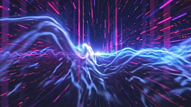 dynamic visual disturbance background, pulsating noise waves, glitchy textures, color overlaps, pixelated visuals, abstract error signals, rich detail, enchanting visual disarray