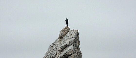 Lone figure standing atop a jagged rock formation against a grey sky background