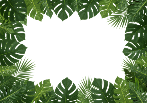 Tropical green palm leaves frame lush botanical summer beach holiday design