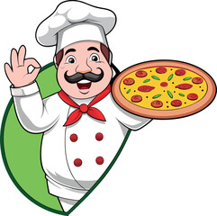 Vector cartoon Italian chef holding pizza – comes as EPS file.
