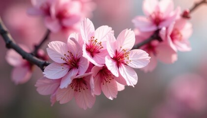 Fototapeta premium Delicate pink sakura blossoms in full bloom, intricate petal details , delicate, floral pattern design