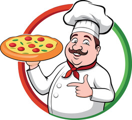 Editable vector of pizza chef with perfect pizza – EPS format.