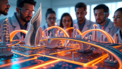 Multi-ethnic group analyzing a high-tech city simulation.
