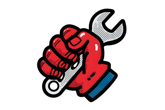 Cartoon illustration of a red fist clenched around a chrome wrench, showcasing tools and strength.