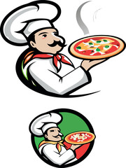 Charming cartoon illustration of an Italian chef presenting a hot pepperoni pizza.