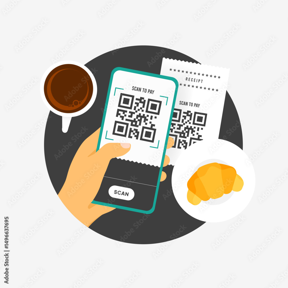 Poster qr code payment concept with smartphone scanning receipt for contactless checkout in cafe, highlight