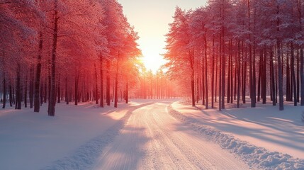 Snow covered road surrounded by trees, bright sunlight ahead in a winter wonderland landscape