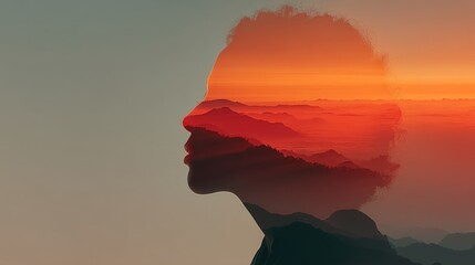 Double exposure of a woman's profile with a mountain landscape at sunset
