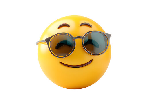 Naklejki A smiling, yellow emoji with closed eyes and a big grin, wearing reflective sunglasses with a dark frame.