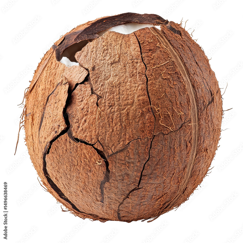 Poster dry coconut isolated on a transparent background showing unique texture and natural cracks, dry coco