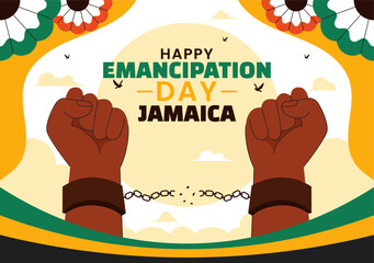 Vector Illustration of Jamaica Emancipation Day on August 1st featuring a Waving Flag and Broken Hand Chain to Commemorate the National Holiday