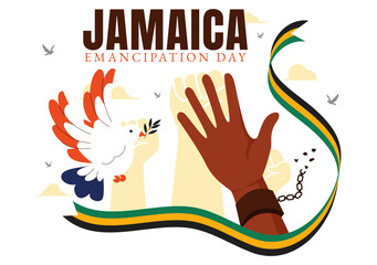 Vector Illustration of Jamaica Emancipation Day on August 1st featuring a Waving Flag and Broken Hand Chain to Commemorate the National Holiday