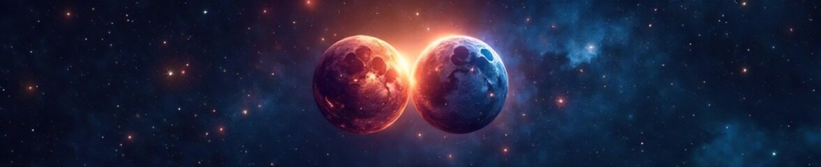 Naklejka premium Two celestial bodies, mirroring each other, shine brightly in the night sky A stunning astrological double star system, evocative of twin constellations , nebula, constellation, sky