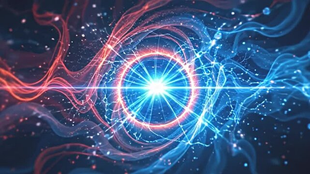 abstract logo reveal, stunning interplay of red fire and blue ice, creating a whirlwind effect around a glowing orb, dramatic textures and colors merging seamlessly, visually engaging patterns